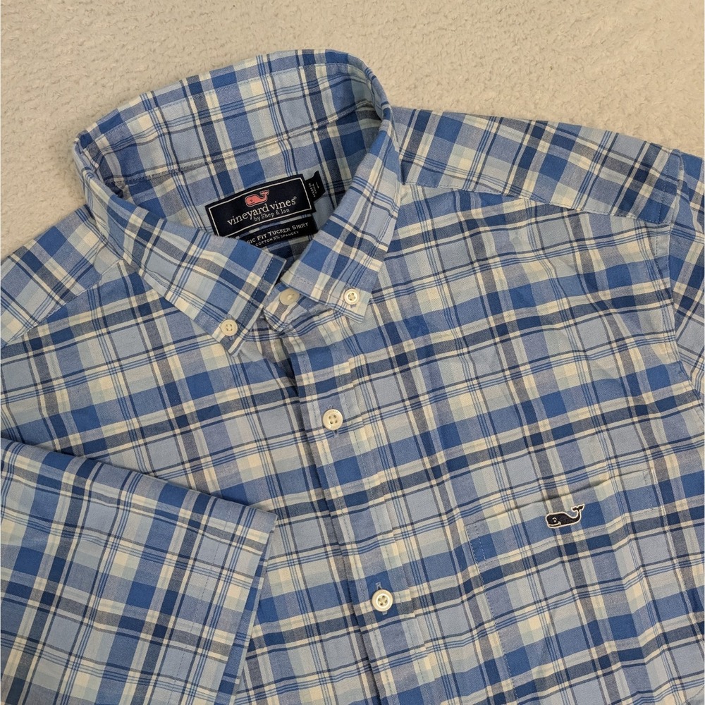 Vineyard Vines Tucker Classic Fit Shirt‎ Men's L Blue Plaid Button Down Stretch